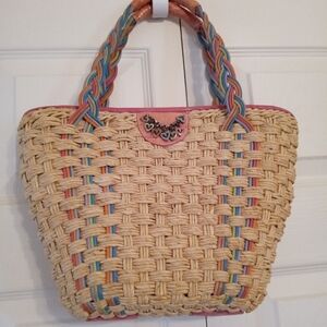 Vintage Brighton Vienna Woven Straw Tote Bag With Pastel Leather Trim